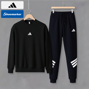 阿迪达斯Adidas男款运动休闲卫衣长裤两件套2026春季新款黑色套装