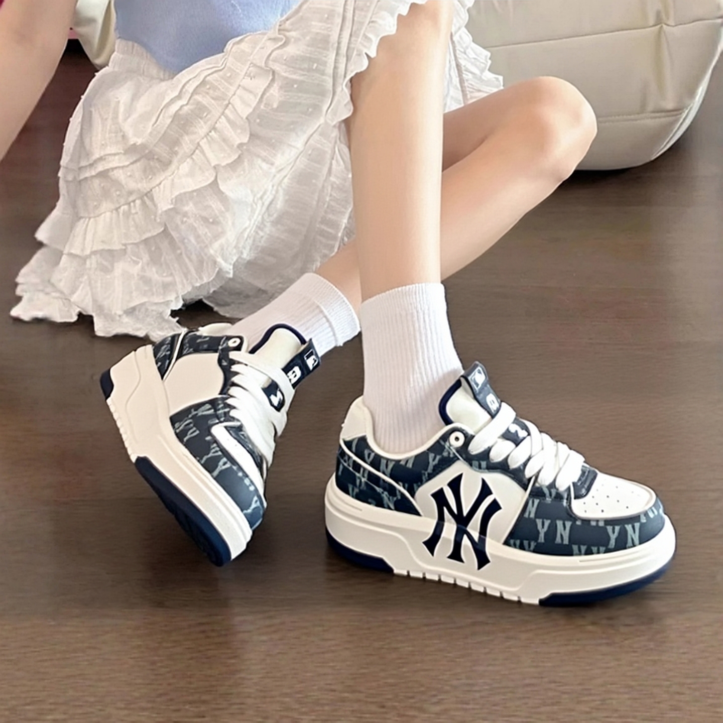 MLB正品NY老花板鞋学长鞋男女情侣鞋2025冬季新款潮流厚底休闲鞋