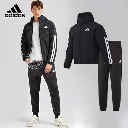 阿迪达斯男子运动套装2024冬季新款连帽羽绒服加绒收口长裤两件套