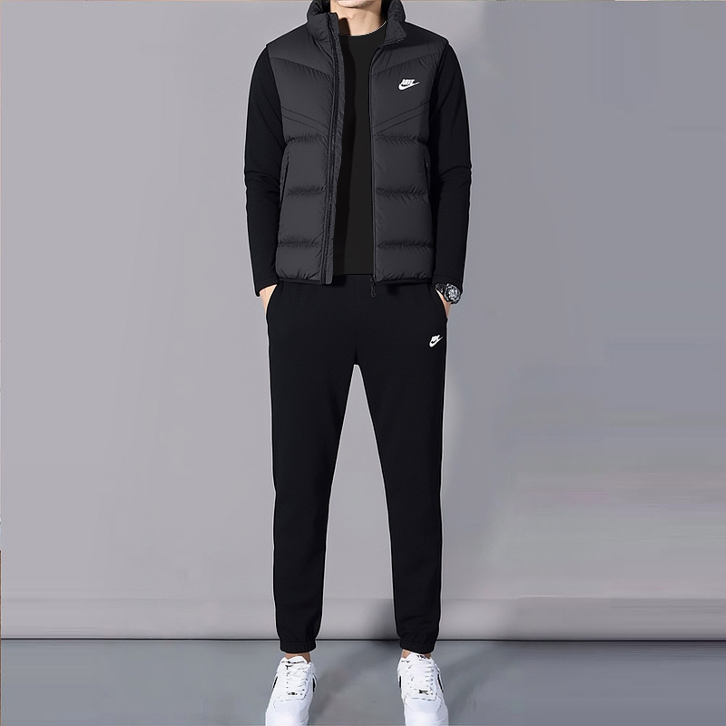 NIKE耐克黑色运动套装男装秋冬新款保暖羽绒马甲背心长裤束脚卫裤