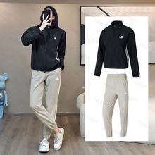 阿迪达斯梭织套装女装2025秋季新款运动服立领夹克外套收口长裤子
