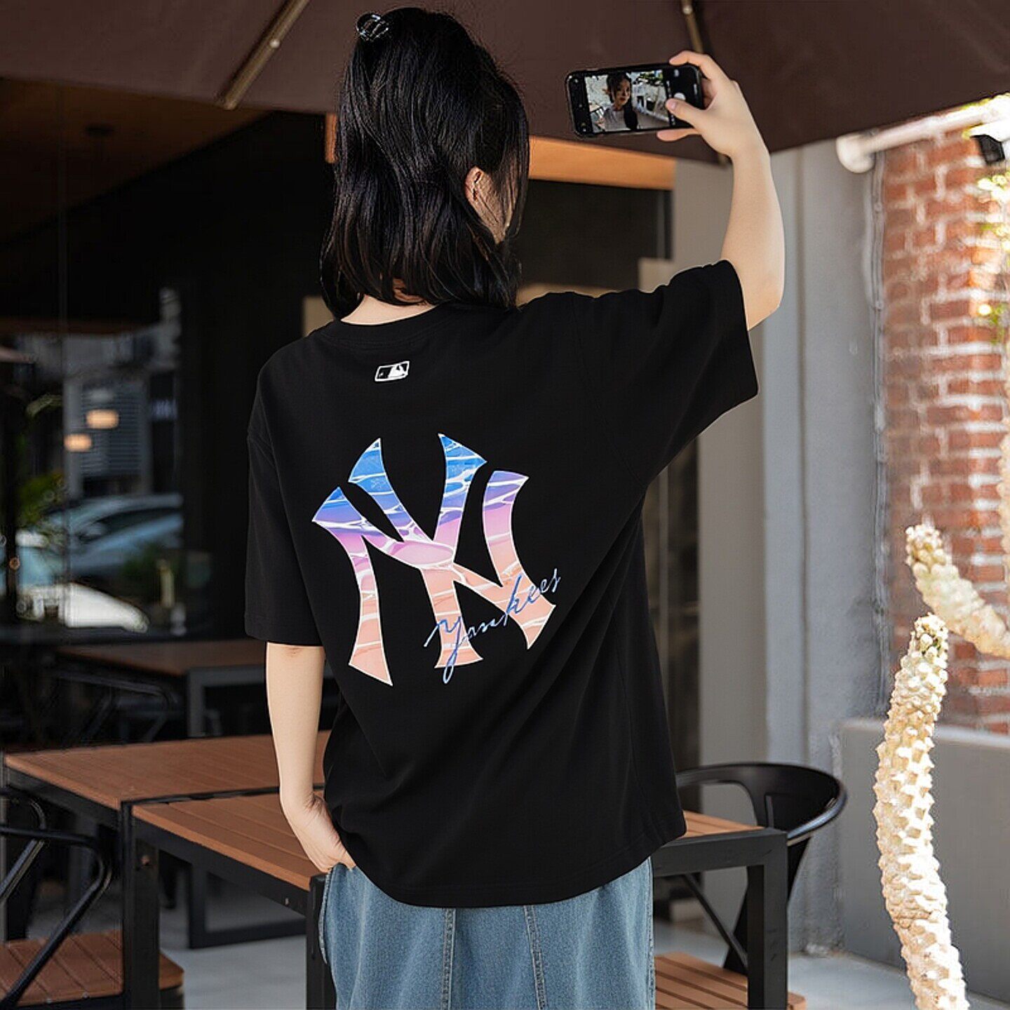 MLB纽约洋基男装女装2026春季新款情侣运动服黑色透气休闲短袖T恤