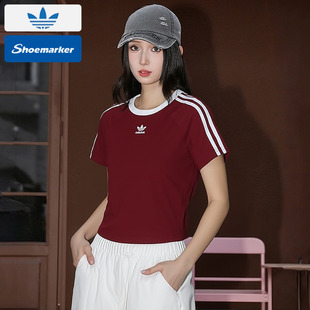阿迪达斯三叶草插肩袖T恤酒2026红色新年款修身短款女装KF0314