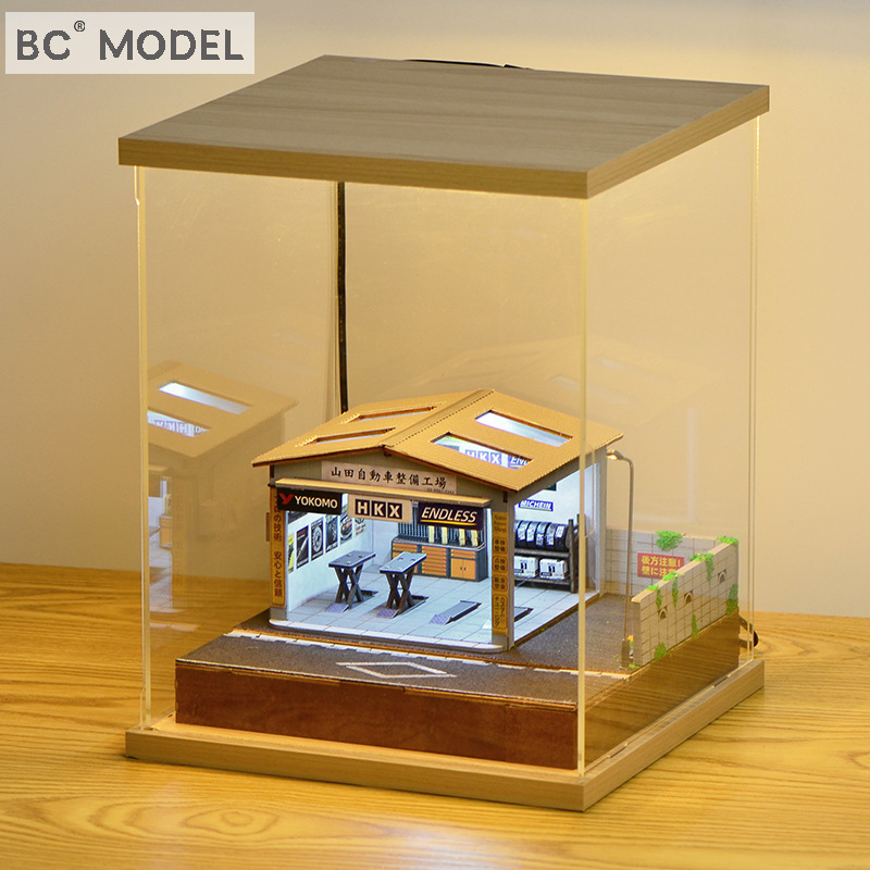 新品1:64比例汽车模型场景手工拼装微缩街景汽车整备工厂带灯