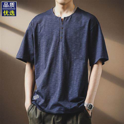 高端美式覆古竹节棉亨利领短袖Polo衫男夏季薄款宽松半袖T恤上衣