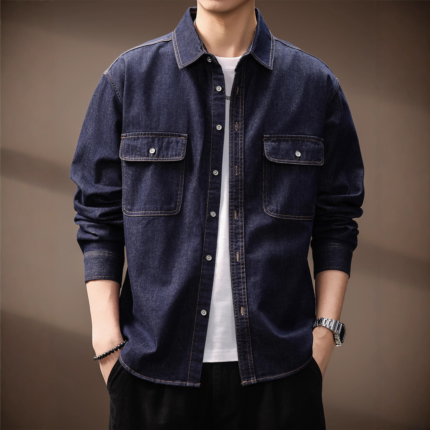 高端美式工装牛仔衬衫男
