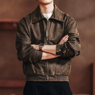高端美式复古做旧短款夹克男士秋季新款巴安油蜡皮宽松休闲外套男