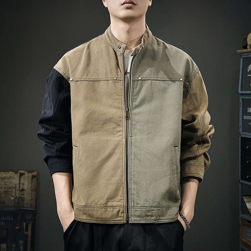 美式复古哈灵顿立领工装夹克男秋季新款潮牌拼接撞色宽松休闲外套