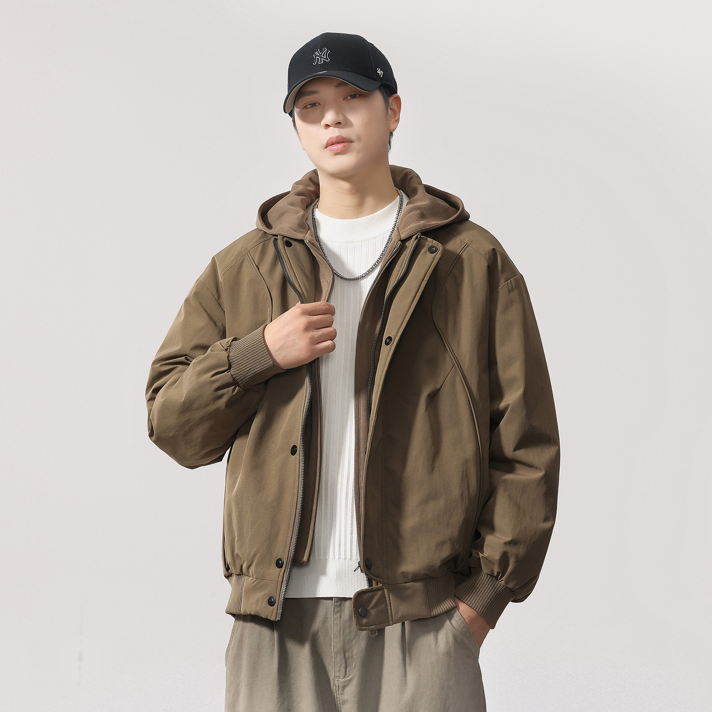 假两件加厚连帽男羽绒服