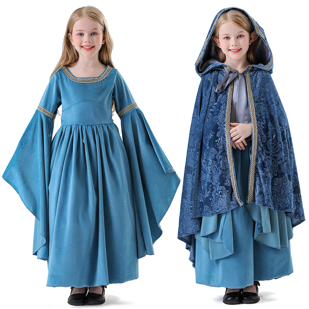 万圣节儿童魔戒精灵cosplay儿童精灵公主裙中世纪宫廷长裙演出服