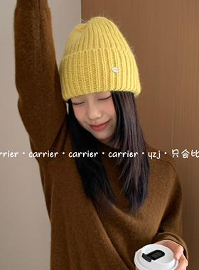 Carrier 韩国芝士黄糖果色兔毛针织帽子男女百搭保暖显脸小毛线帽