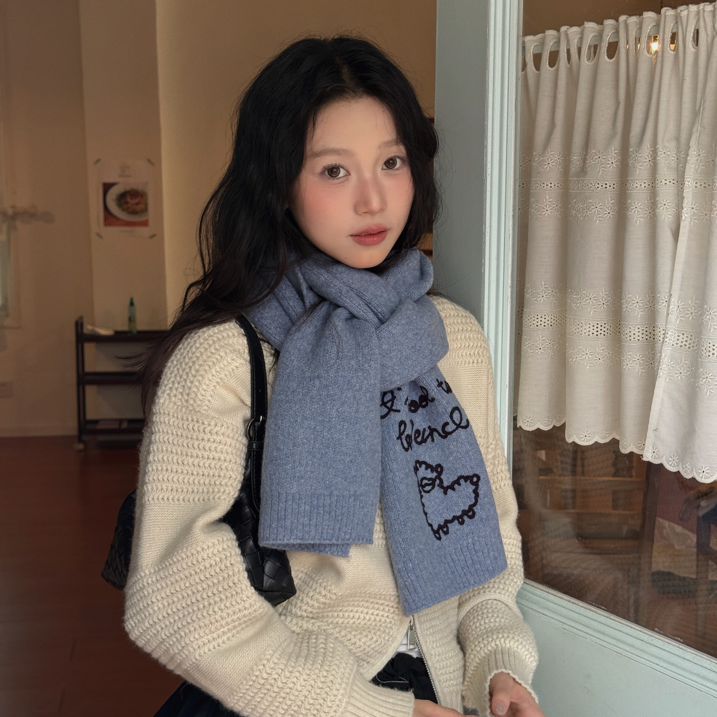 超可爱的小羊羔～韩系卡通刺绣软糯针织围巾女冬季甜妹首选围脖潮