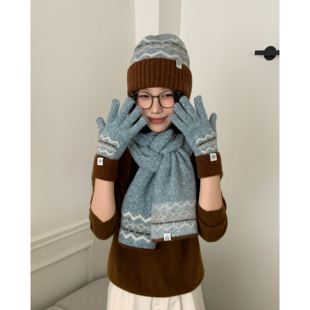 Carrier 费尔岛三件套～韩系提花针织围巾手套帽子氛围感加厚保暖