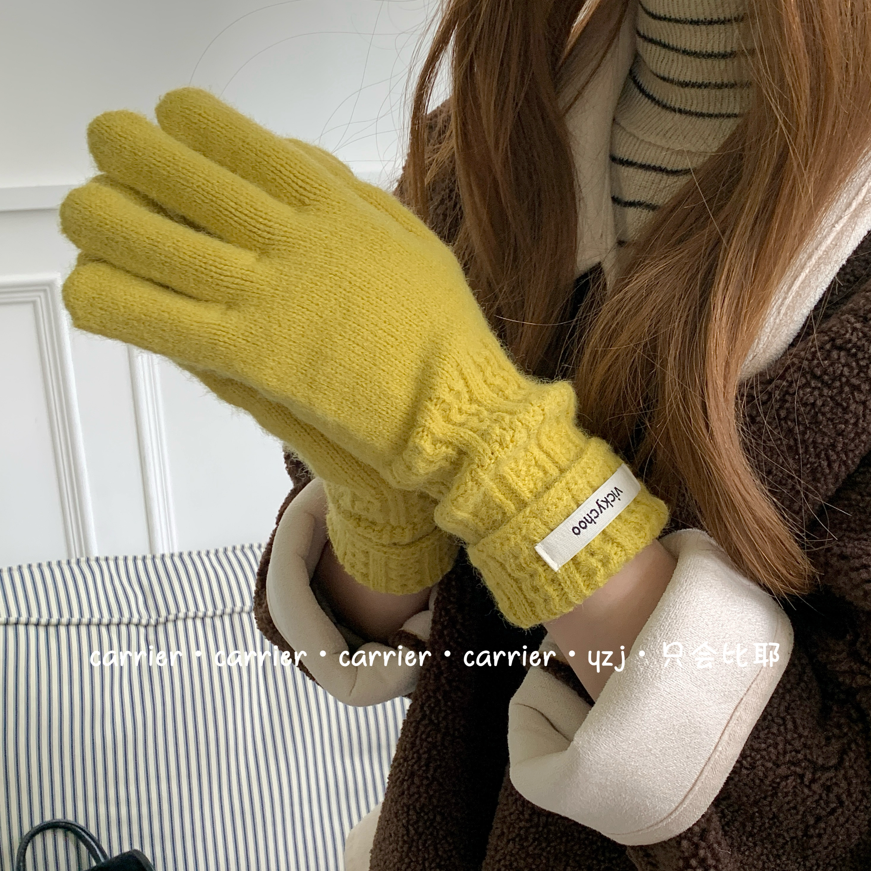Carrier 露指可触屏贴标针织毛线手套女秋冬韩系ins保暖骑车防风
