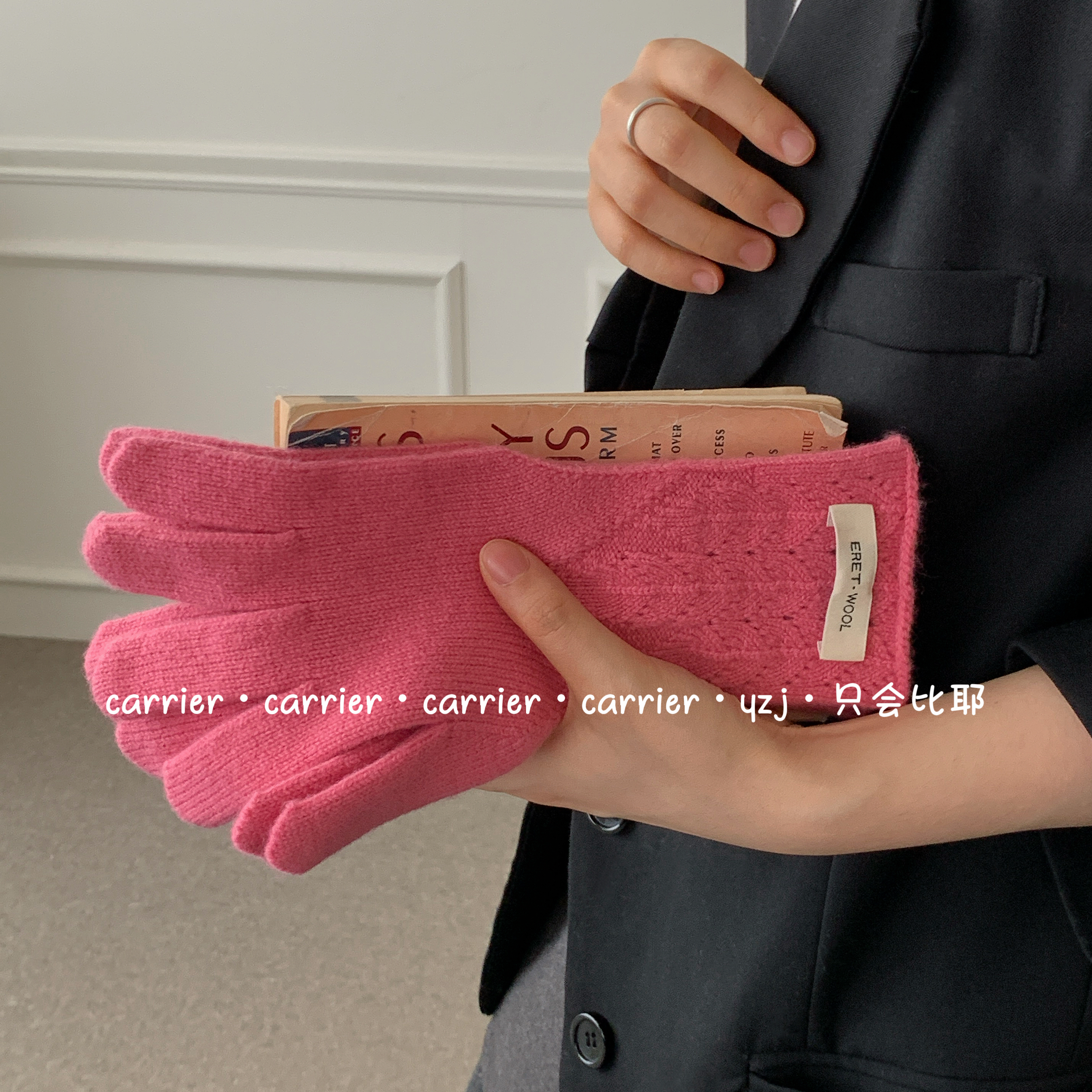 Carrier 韩国100%纯羊毛绣花设计针织手套女冬保暖百搭可触屏分指