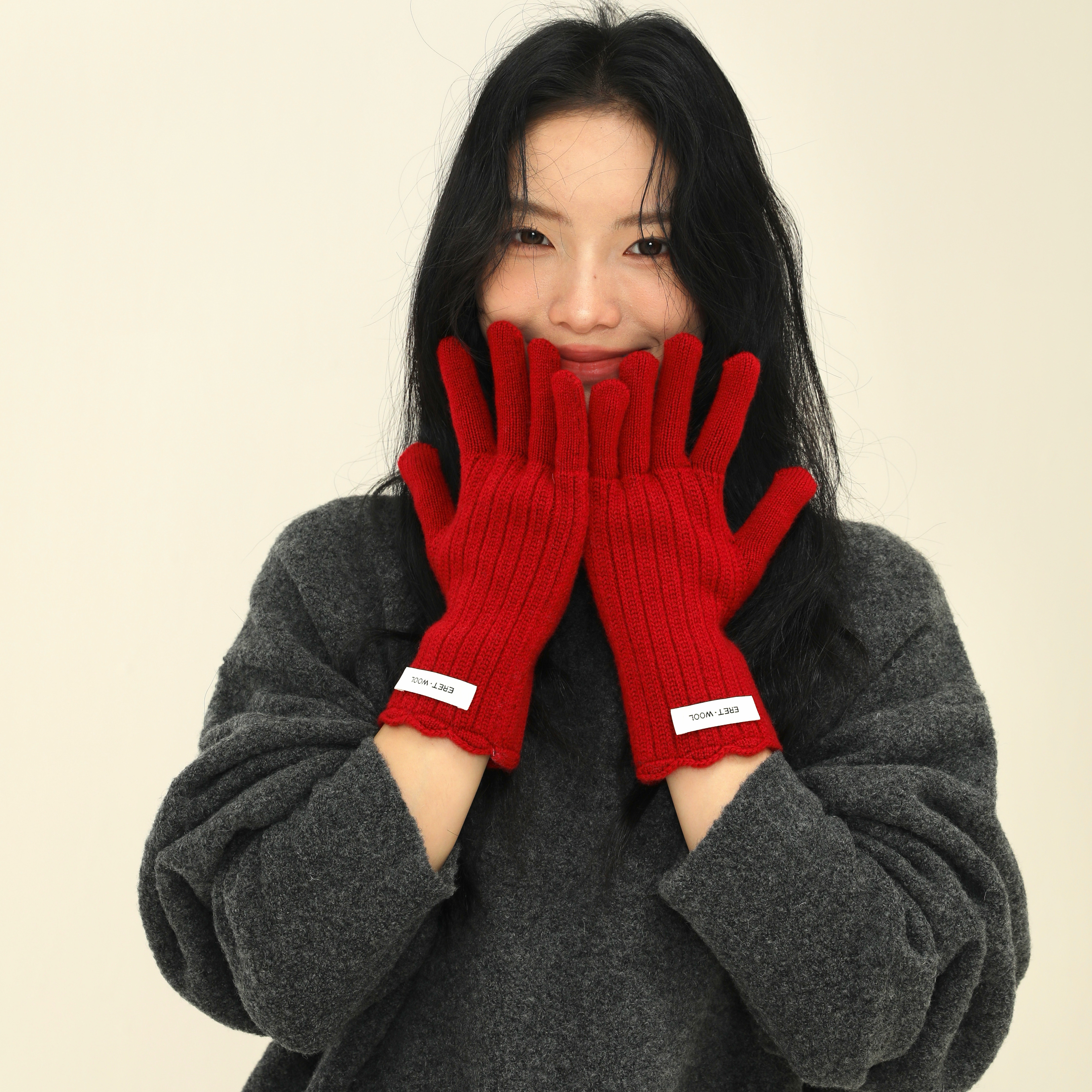小花边～韩国100%纯羊毛竖条针织保暖手套糖果色男女同款休闲百搭