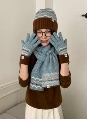 Carrier 费尔岛三件套～韩系提花针织围巾手套帽子氛围感加厚保暖