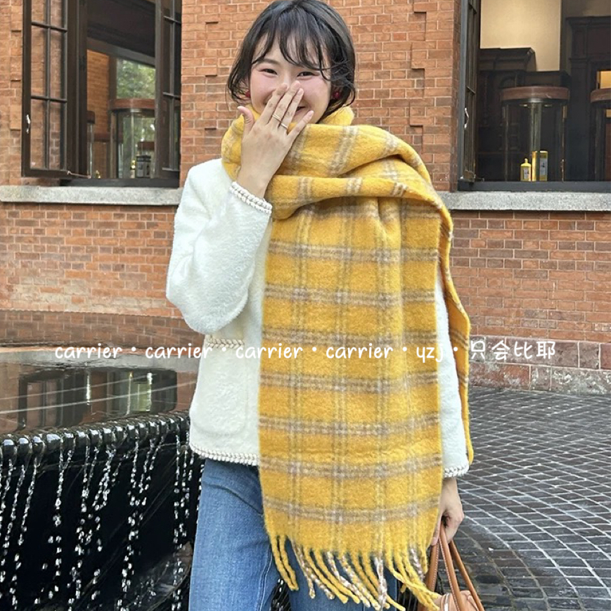 Carrier 韩国绵羊毛混纺格子围巾冬季防寒百搭围脖韩风千金披肩女