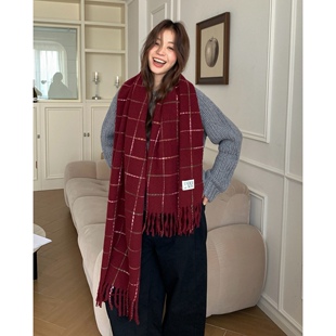Carrier 安克拉酒红～韩系格子过度彩色围巾女秋冬百搭休闲围脖潮
