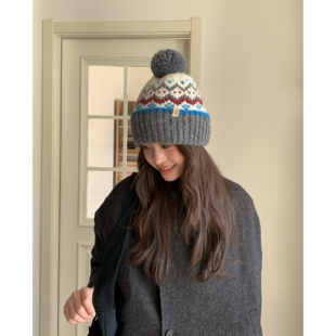 Carrier 费尔岛提花～韩系氛围感毛线套头毛球帽子女冬保暖套头帽