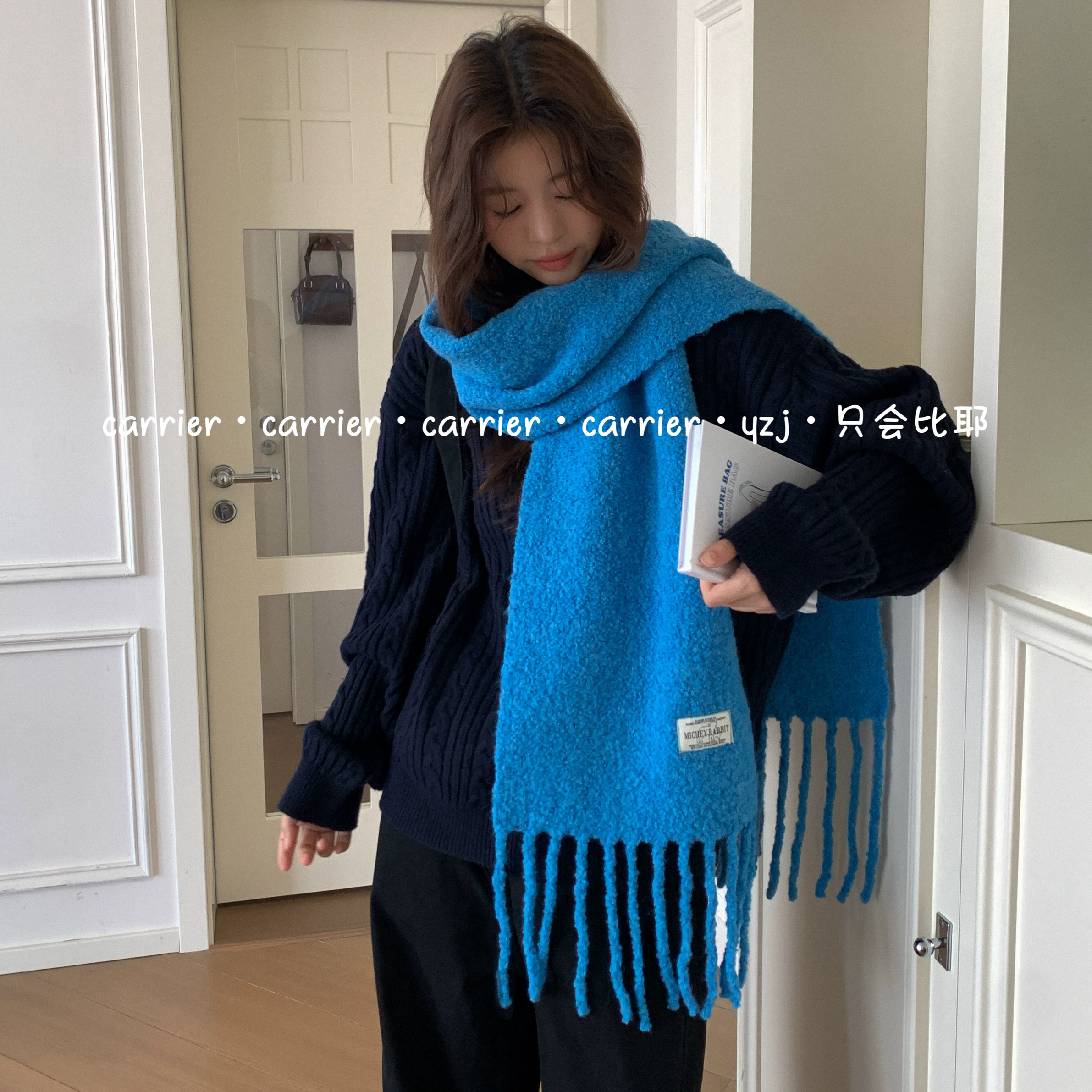 Carrier 韩国代购羊标刺绣50%绵羊毛围巾女流苏披肩两用保暖围脖