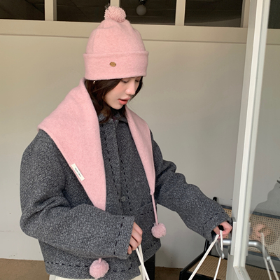 韩版氛围感两件套～粉色毛球毛线帽子多功能一体披肩外搭三角了巾