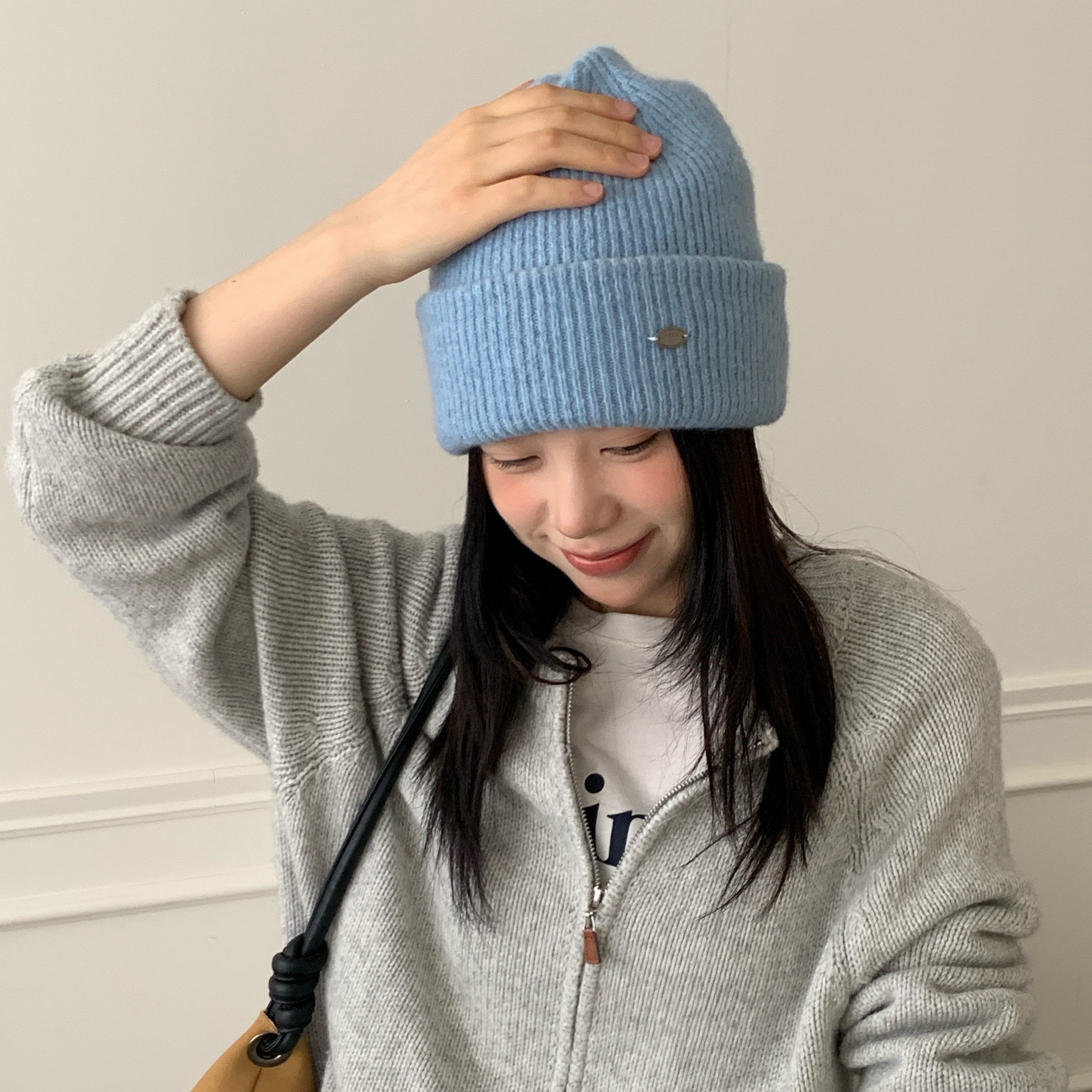 蒂夫尼蓝～韩系小铁扣纯色针织帽子情侣秋冬百搭高品质休闲毛线帽