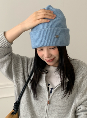 蒂夫尼蓝～韩系小铁扣纯色针织帽子情侣秋冬百搭高品质休闲毛线帽