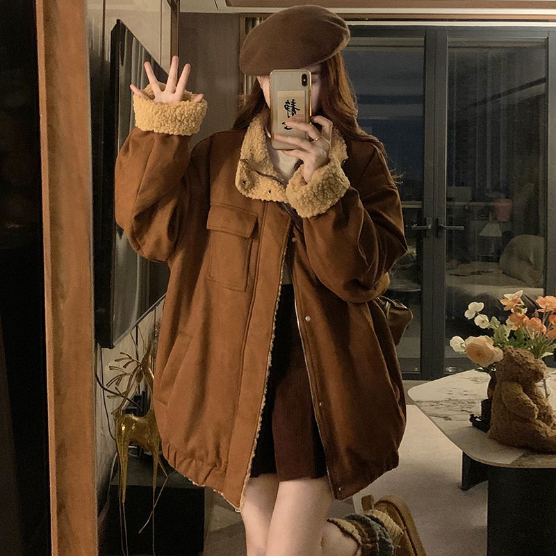 实拍 美式羊羔绒美拉德麂皮棉衣男宽松阿美咔叽保暖加厚外套女潮