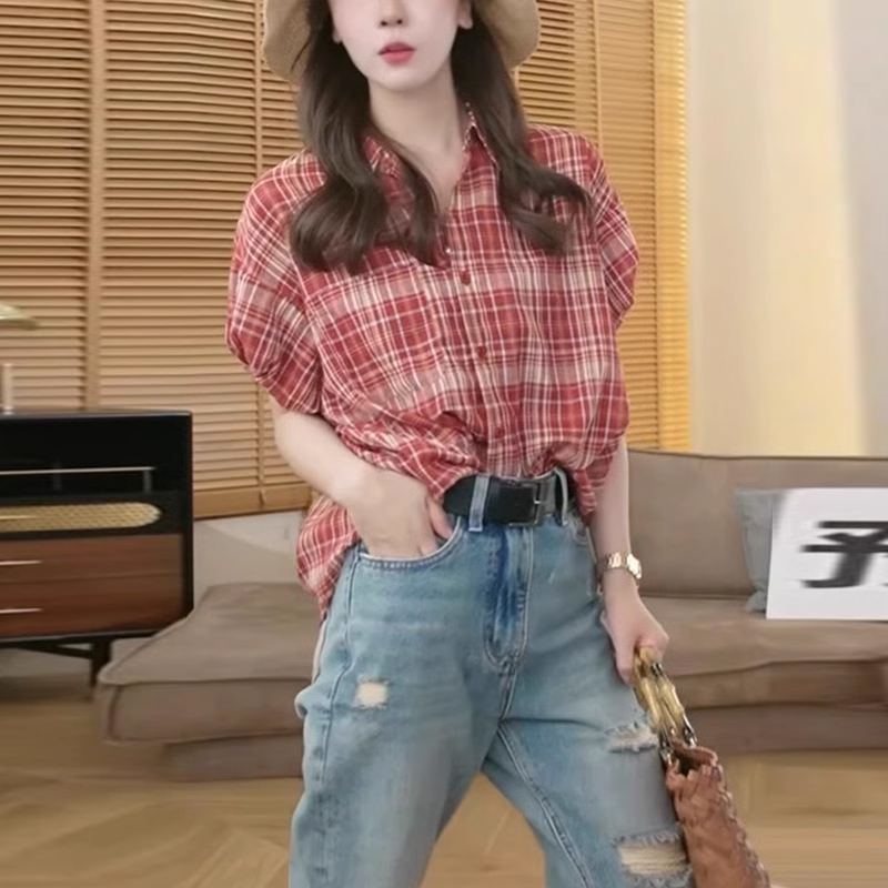 港风复古格子短袖衬衫女夏季