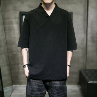 男裝 復(fù)古盤扣漢服上衣棉麻半袖 t恤男夏季 唐裝 寬松新中式 亞麻短袖