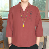 短袖 t恤棉麻V领七分袖 刺绣体恤衫 中国风男装 唐装 男士 汉服中袖 新款