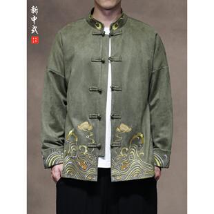 中国风秋冬刺绣休闲休闲唐装外套男士宽松大码圆领中山装夹克茶服