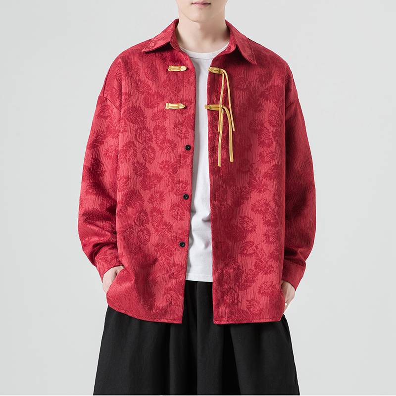 新中式男装中国风唐装男款红色衬衫外套秋冬款加绒保暖汉服上衣服