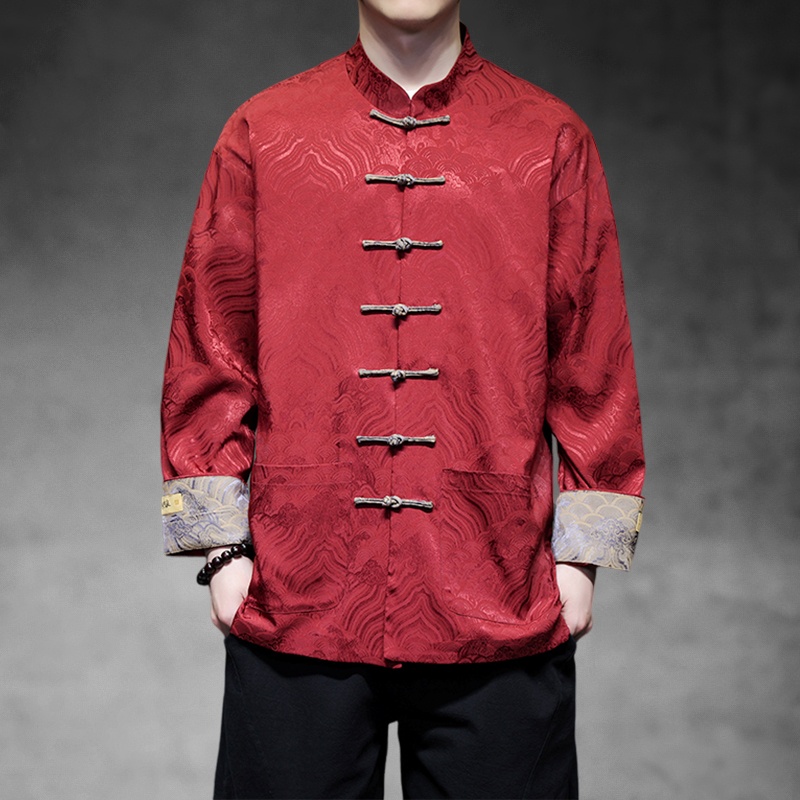 春夏季轻薄款盘扣新中式衬衫男长袖衬衣复古风大码男士中国风唐装
