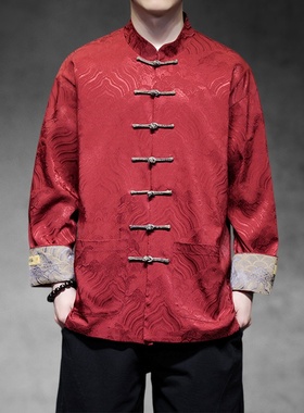 春夏季轻薄款盘扣新中式衬衫男长袖衬衣复古风大码男士中国风唐装