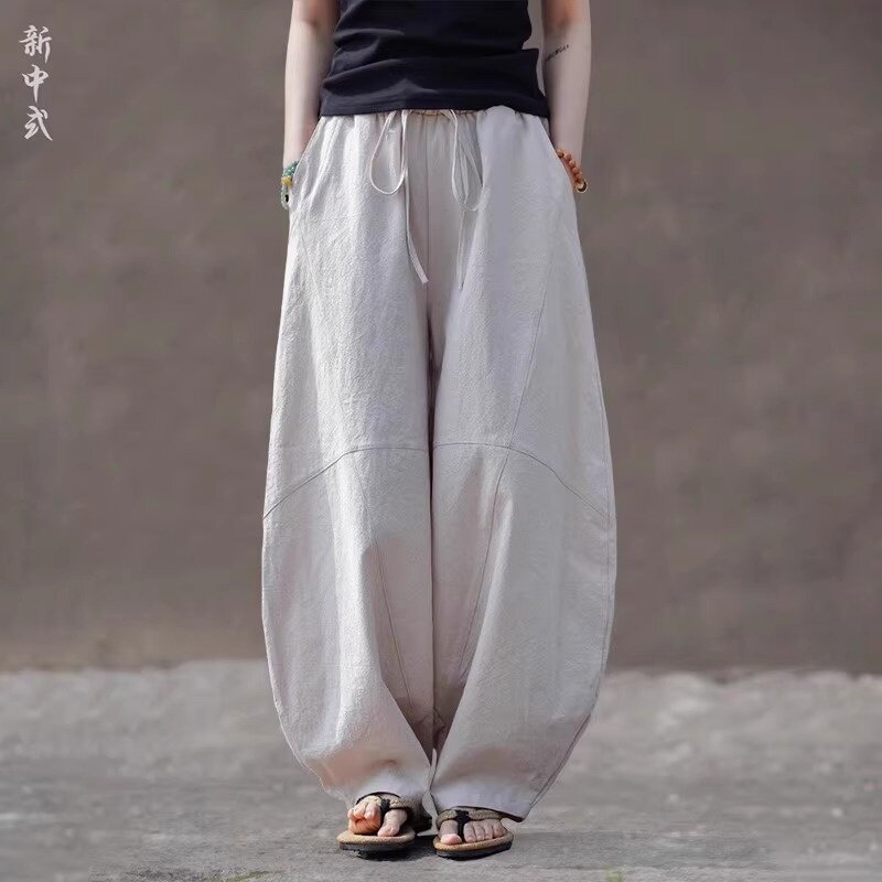 新中式春夏棉麻休闲阔腿裤瑜伽裤宽松大码男女纯色哈伦裤复古长裤
