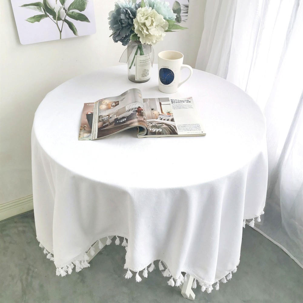 棉麻流苏花边北欧简约书桌布茶几生日摆台布纯白色韩式圆桌唯美