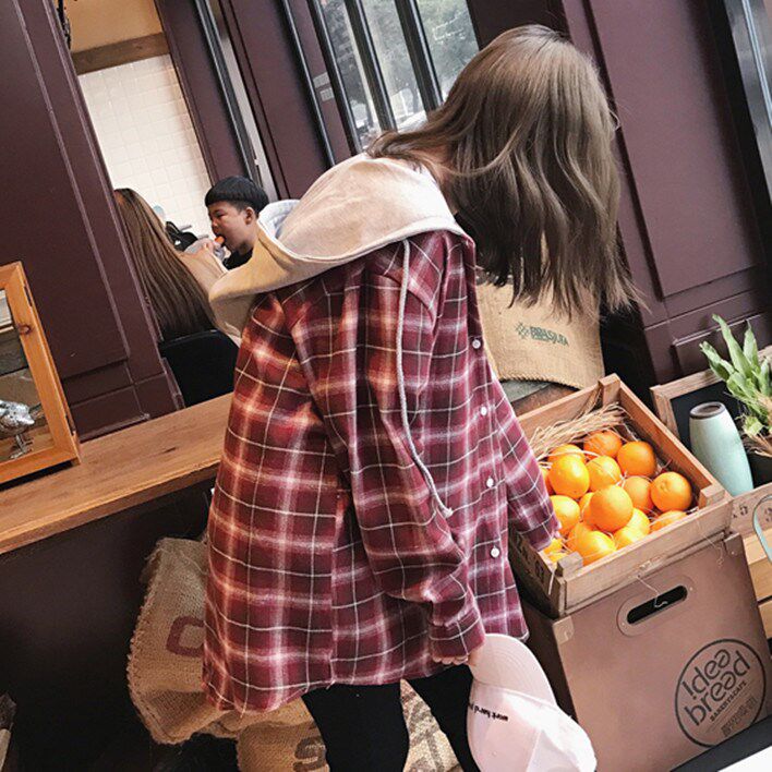原宿长袖衬衣学院风中长款格子连帽衬衫外套女春宽松学生韩版潮|ruв категории Женская одежда, рубашка - от Buy2taobao.com для оказания профессиональной услуги покупки агента Taobao