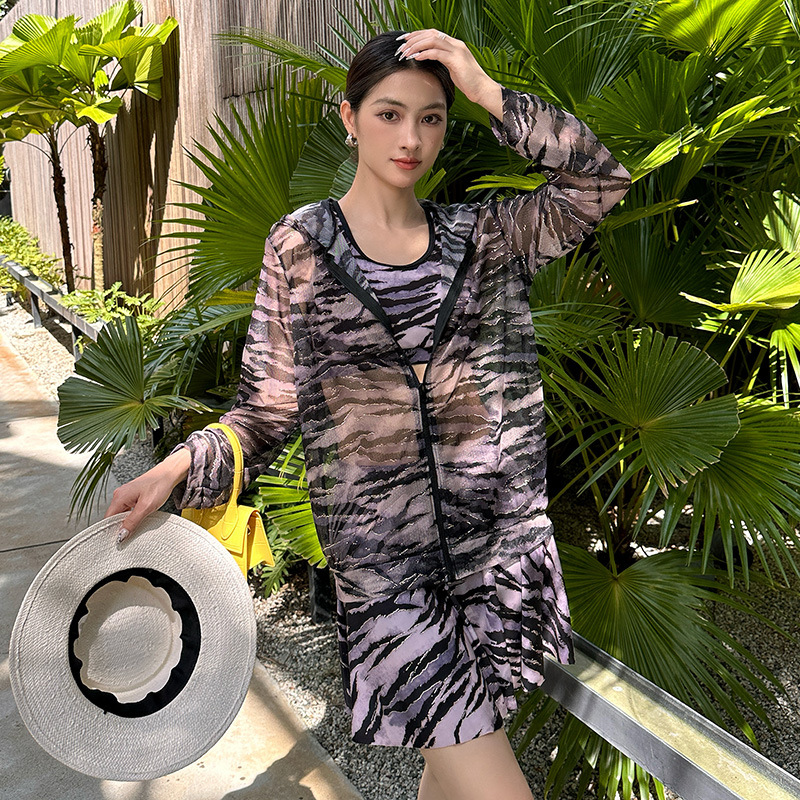 比基尼分体三件套长袖罩衫大码泳衣女微胖mm遮肉韩国ins风泡温泉