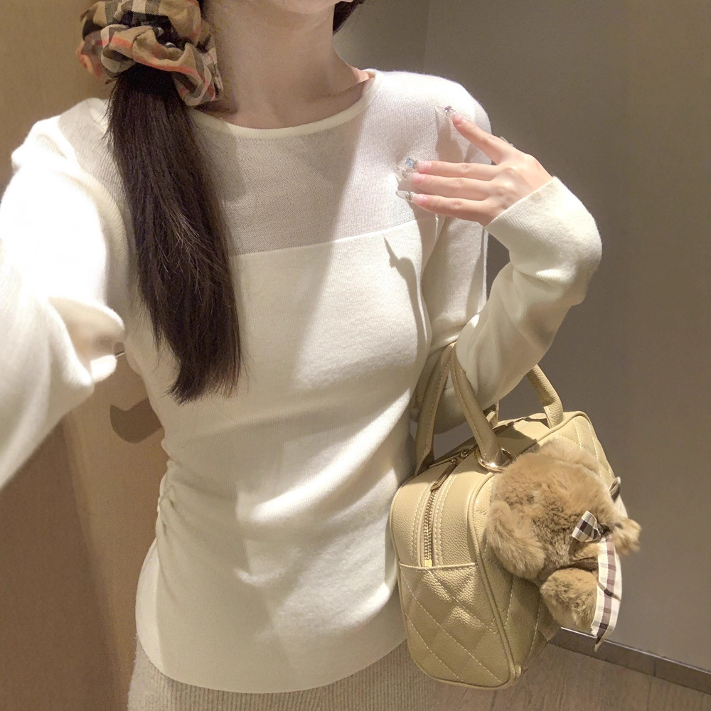 小香风微透高级感针织打底衫女秋冬新款褶皱收腰紧身长袖t恤上衣