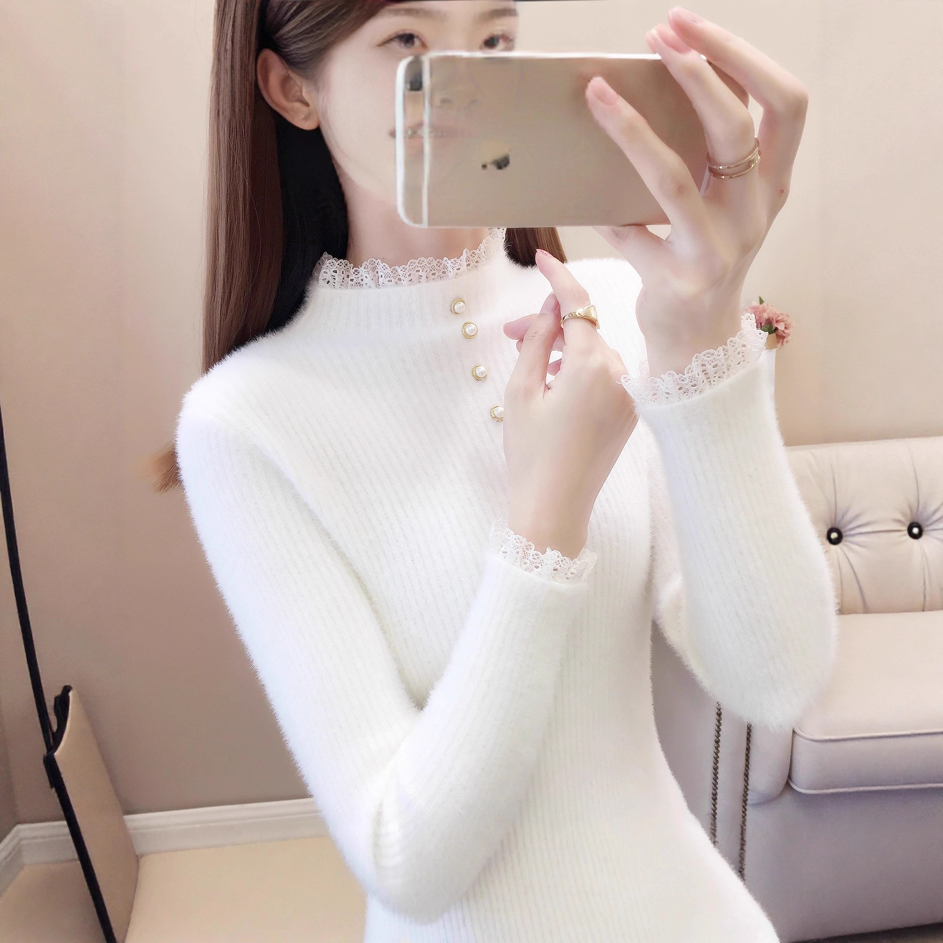 半高领仿水貂绒毛衣打底衫内搭2025新款女秋冬温柔上衣蕾丝针织衫