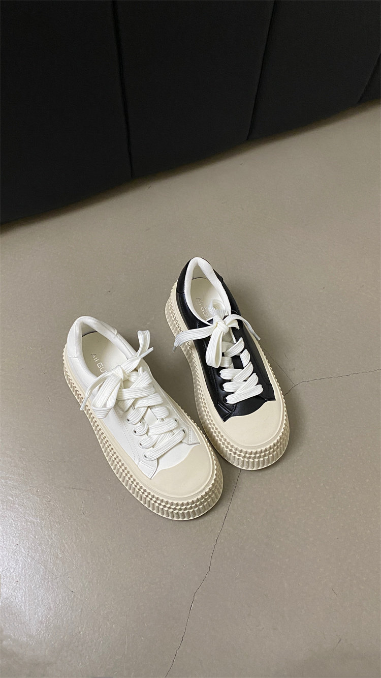 厚底饼干鞋女2024年早春新款小众百搭休闲板鞋圆头系带增高小白鞋