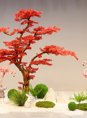 新中式仿真松树红色迎客松假树植物摆件客厅玄关装饰酒店大厅造景