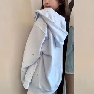 外套港味chic宽松慵懒开衫 碎花连帽卫衣女春秋oversize薄款 上衣