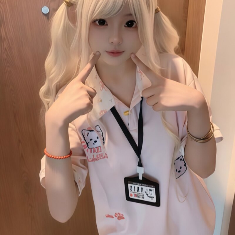 韩版复古小狗刺绣Polo短袖T恤女夏季慵懒感学院风宽松百搭上衣潮