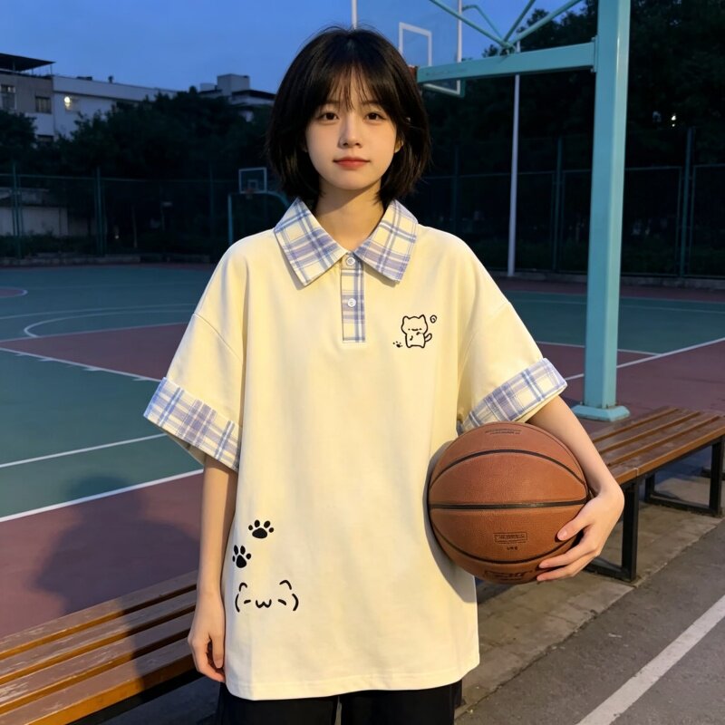 美式衬衫夏季翻领新款格子POLO短袖T恤男女休闲宽松半袖情侣有领