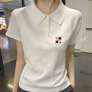 美式复古polo领短袖女t恤夏季新款印花设计感翻领修身显瘦上衣潮