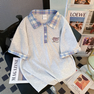 夏季polo衫翻领新款短袖T恤女宽松学院小众休闲oversize百搭上衣