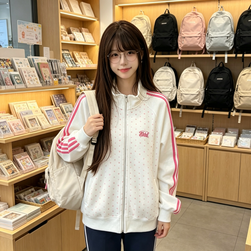 美式复古印花拉链开衫卫衣女生春秋季日系松弛感可爱百搭休闲外套